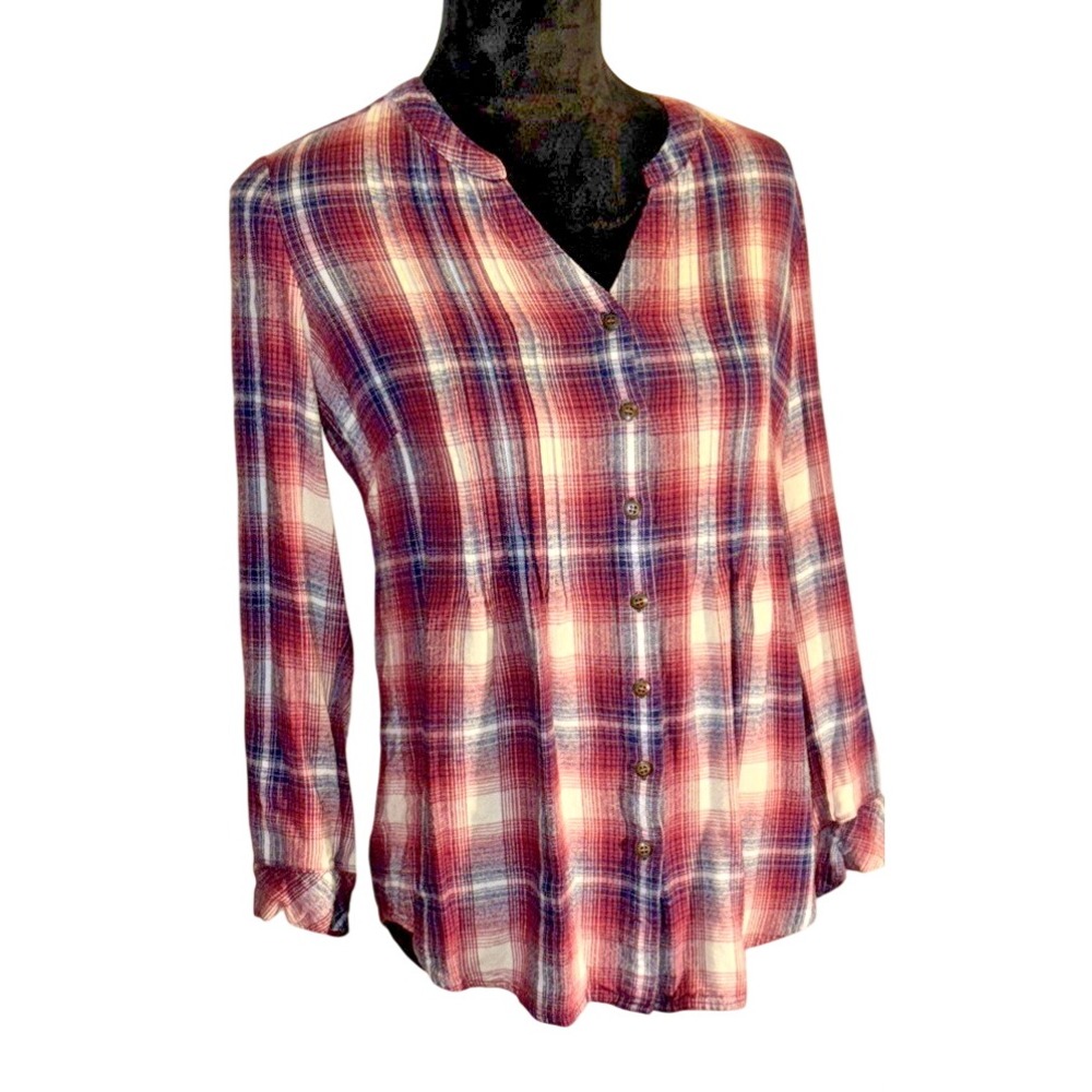 Coldwater‎ Creek Blouse Womens S Red Plaid Button Front Tunic Long Sleeve Rayon